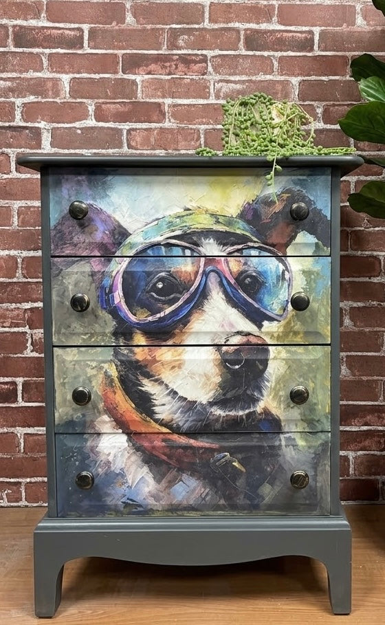 Stag 4 drawer chest with quirky doggie decoupage